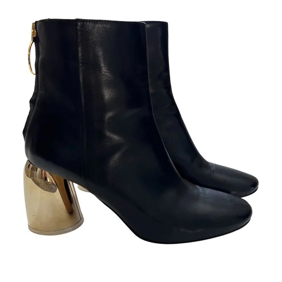 Ellery Black Leather Booties Gold Sculpted Heel - Picture 1 of 15